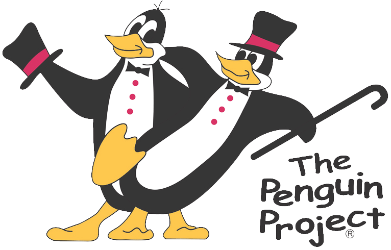 Two penguins in top hats dancing with the words \"The Penguin Project\" copyright