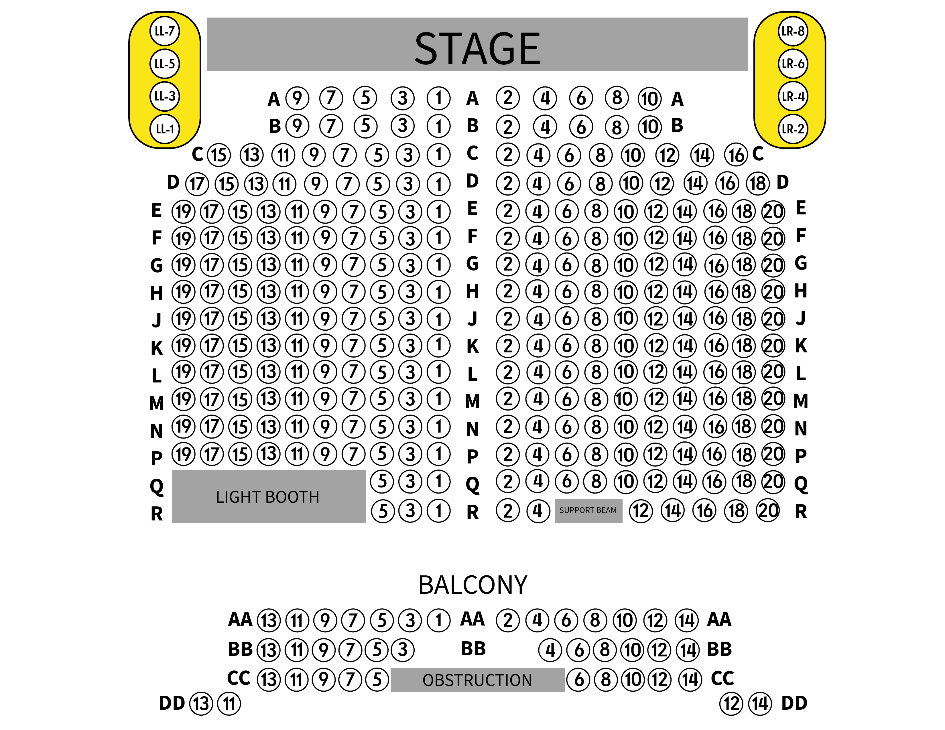 The seat map at Memorial Opera House, with seats numbered and rows lettered